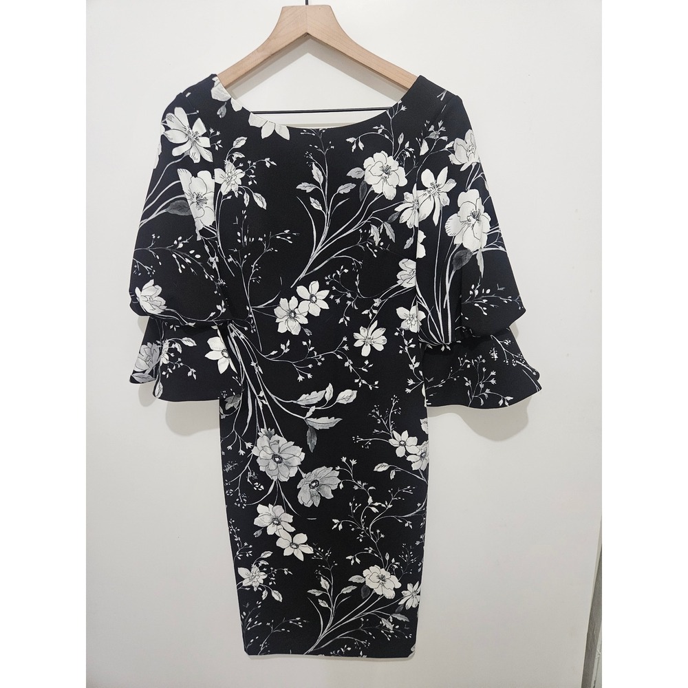 Calvin Klein Black White Floral Tiered Bell Sleeve Sheath Dress Size 4 CD8C167U
